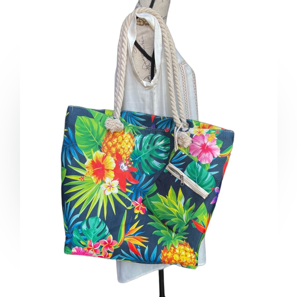 Tropical Island Sense Hawaiian Floral Beach Bag w/Pouch